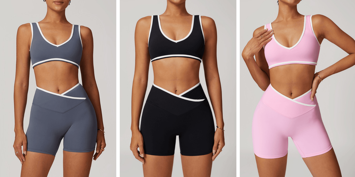 Women's premium matching activewear sets featuring sports bras and high-waisted shorts in slate blue, black and pink. Ideal for Pilates, yoga, gym and padel.