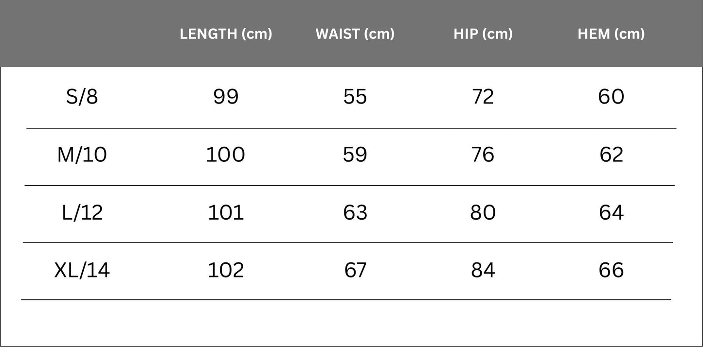 Selene Flared leggings size chart