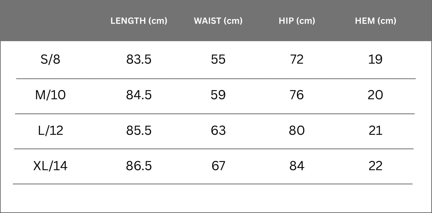 Measurement chart for clothing sizes S/8 to XL/14 with dimensions in centimeters.