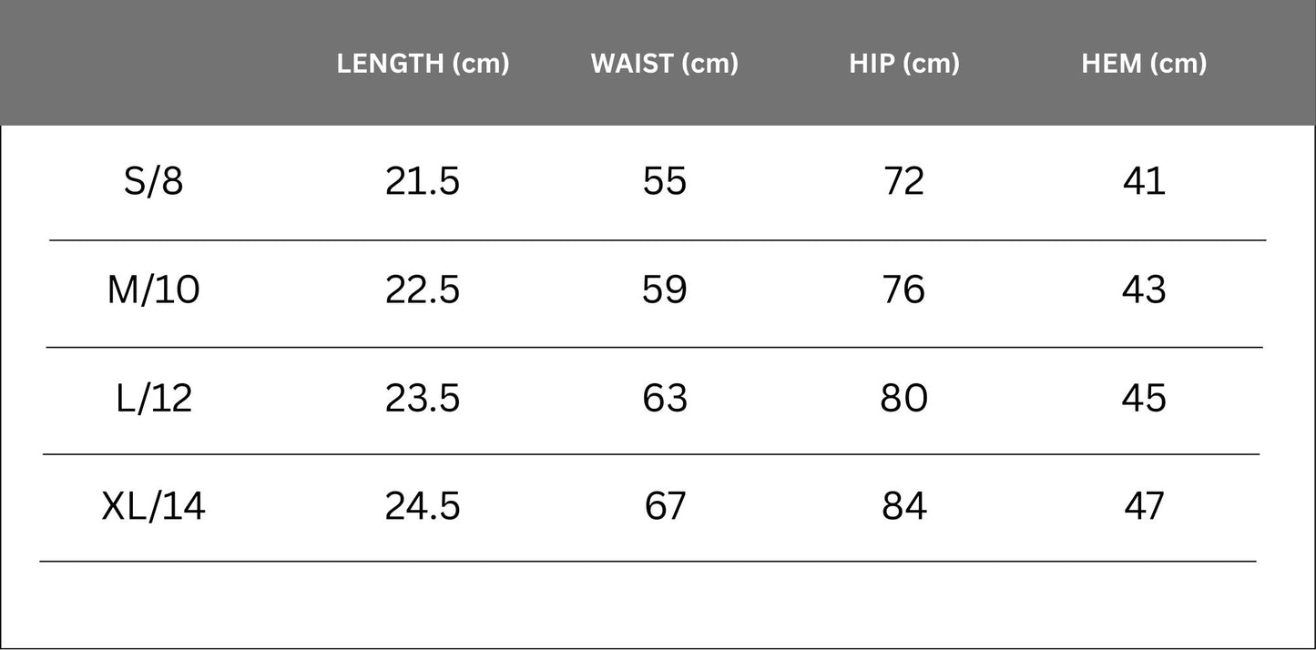 Selene shorts size chart