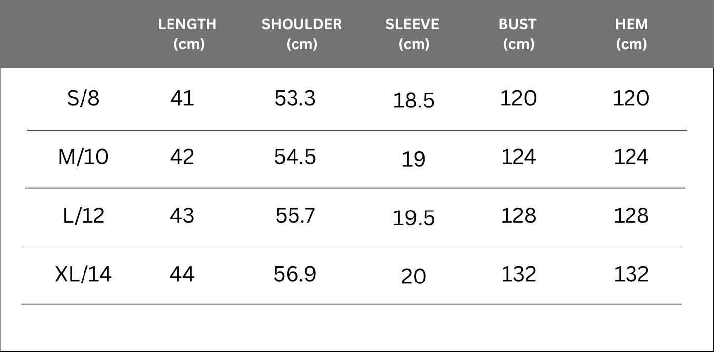 Measurement chart for clothing sizes S/8 to XL/14 with dimensions in centimeters.