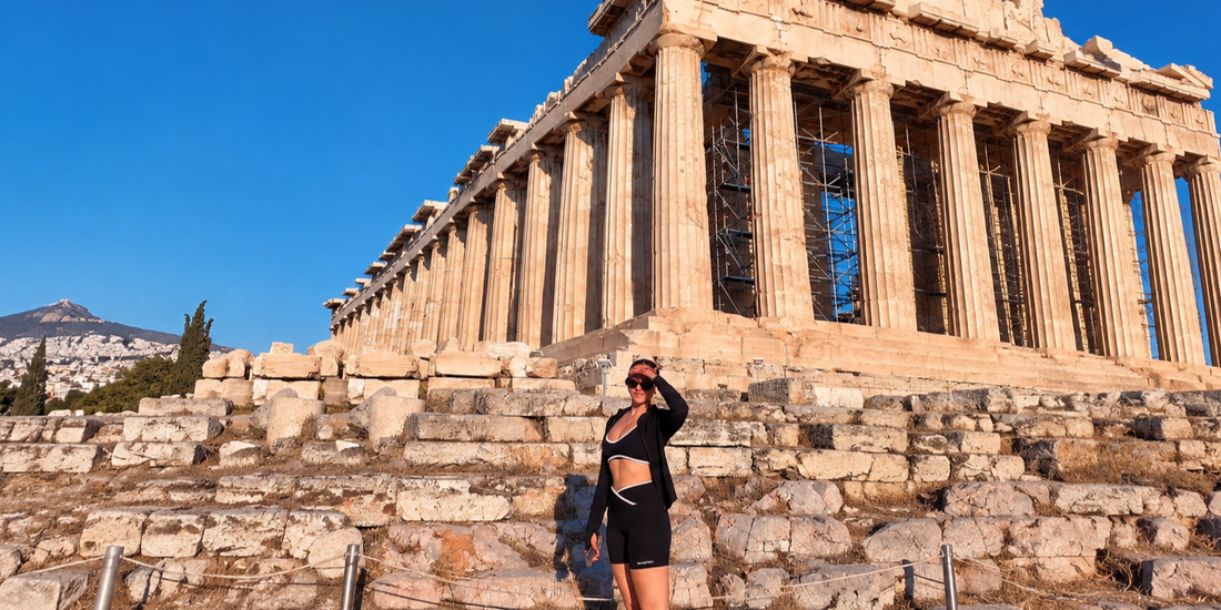 The Tasty Art wearing Kalimera Collective activewear at the Acropolis in Athens