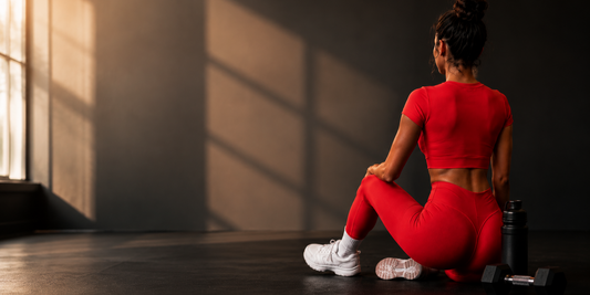 Woman wearing a red activewear set sitting in a Pilates studio after a workout.