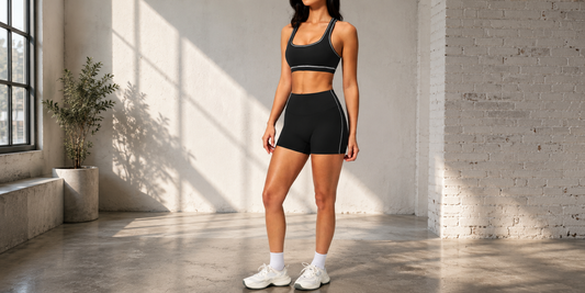 Women's matching high waisted gym set in black. Women's activewear shorts set. Neutral activewear set for gym training.