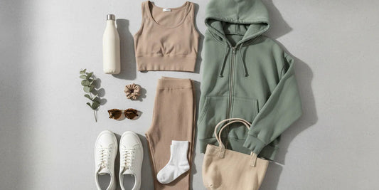 Flat lay of women's activewear including a hoodie, sports bra, leggings, trainers and accessories.