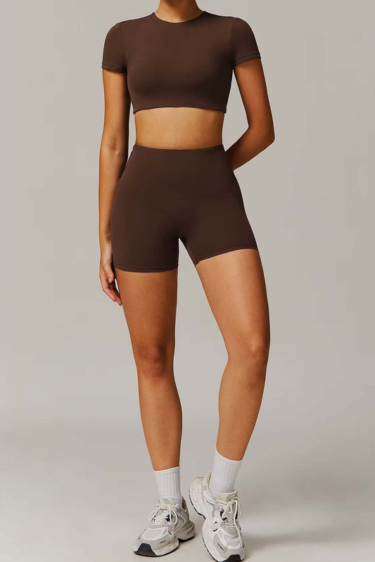 Juno seamless activewear shorts set in brown - front view