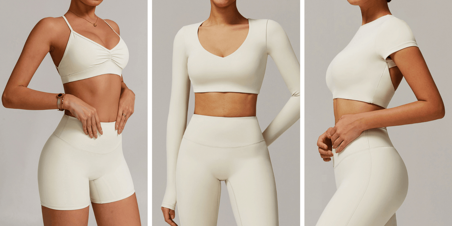 Women's cream activewear collection with matching sports bras, leggings and workout tops for Pilates, yoga, gym and athleisure.